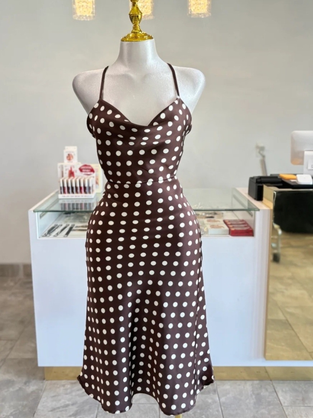 Brown Polka Dot Satin Slip Dress - White Dots
